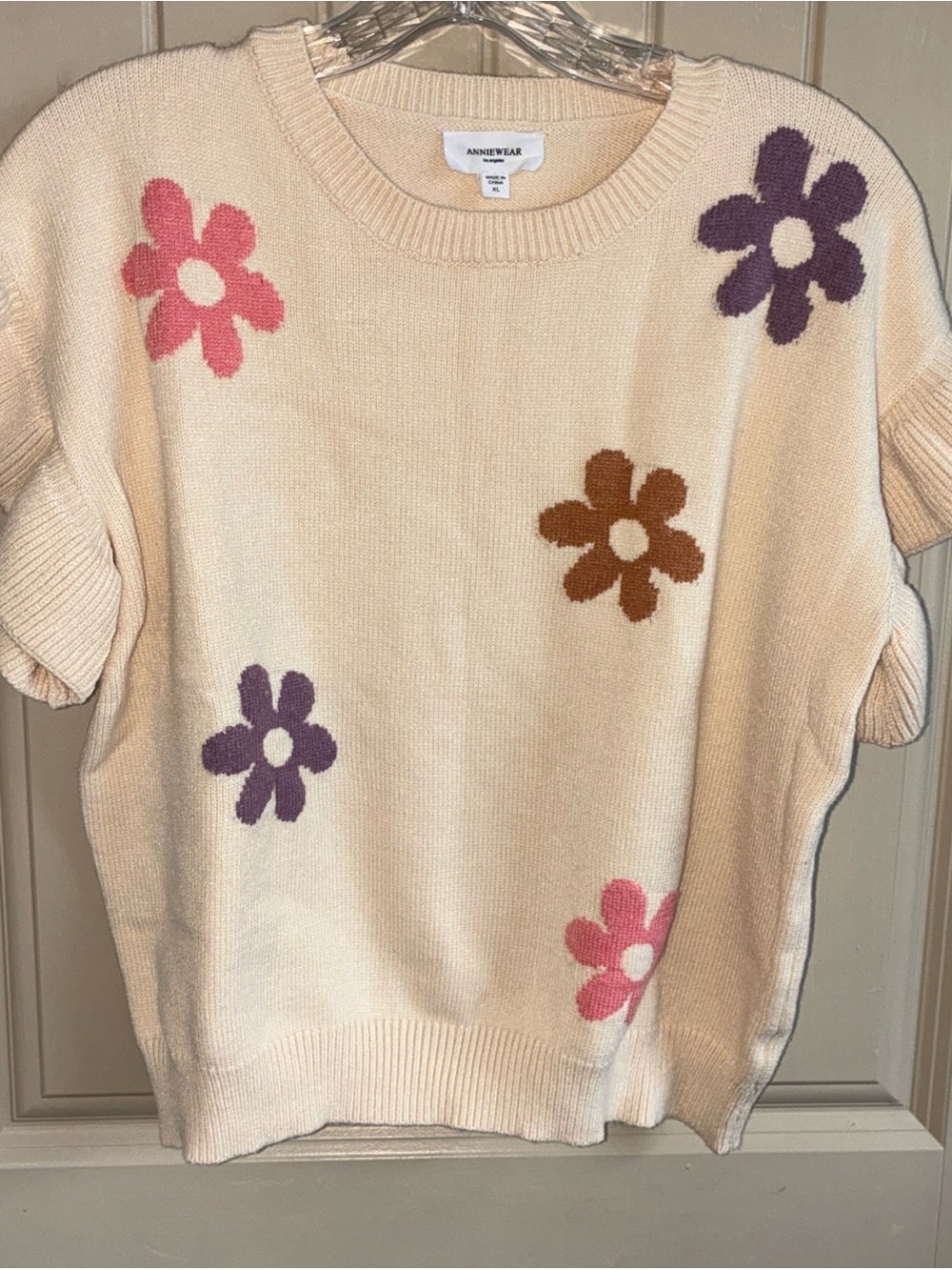 Anniewear Cream Floral Short-Sleeve Knit Sweater